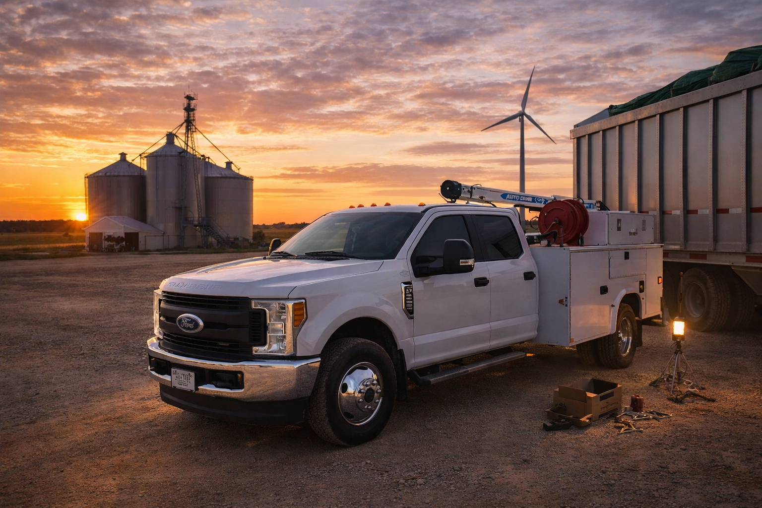 Sato's mobile service truck working beside a trailer in rural Illinois