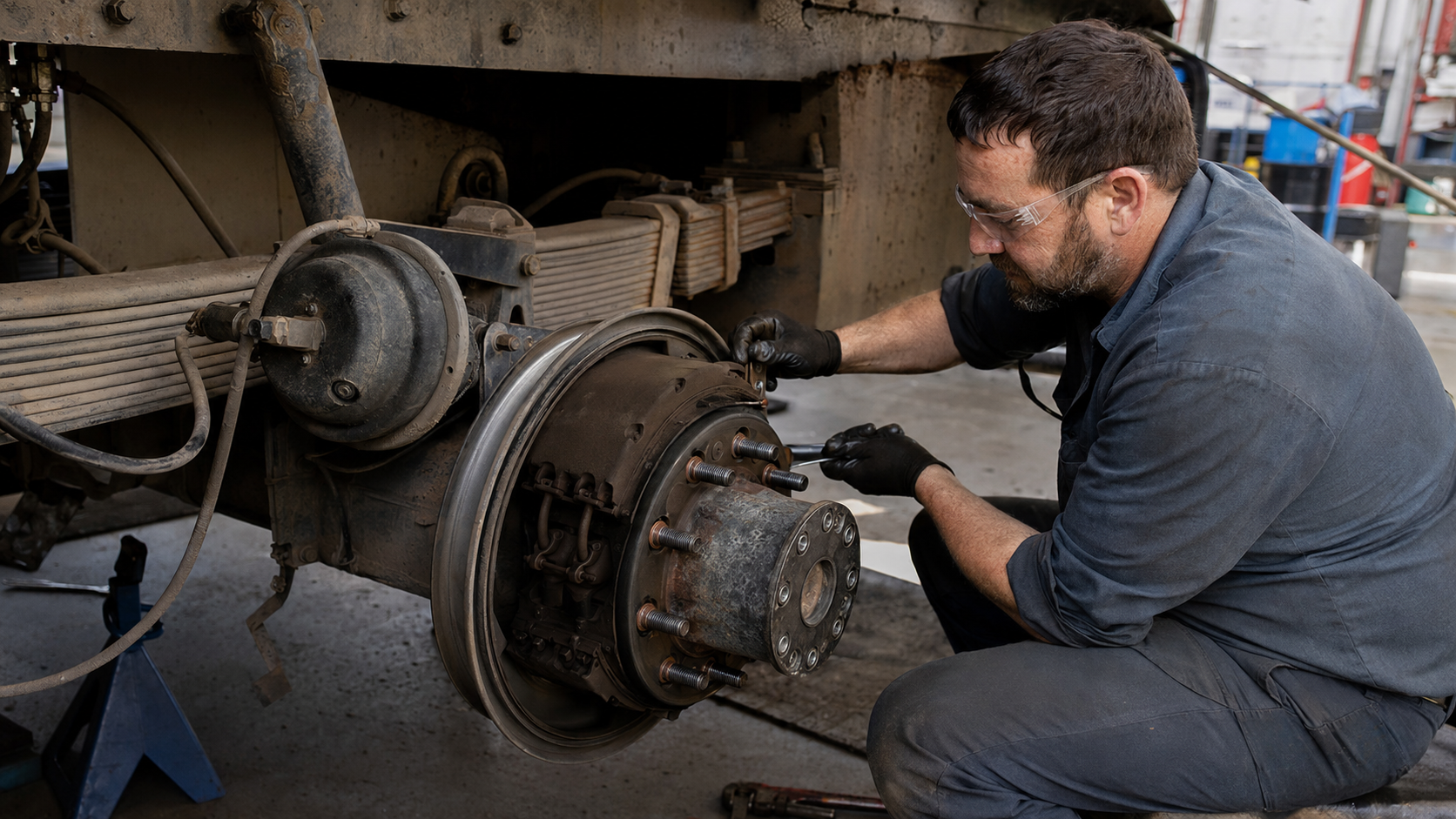 Heavy-duty mechanic servicing an exposed semi-truck air brake assembly