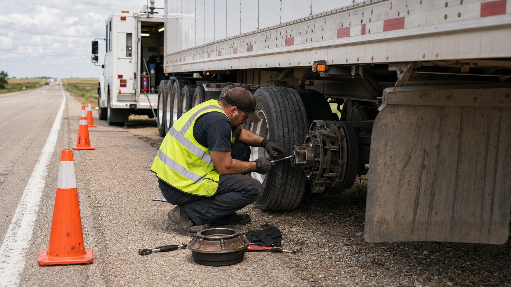 Mobile mechanic repairing a semi trailer along the roadside